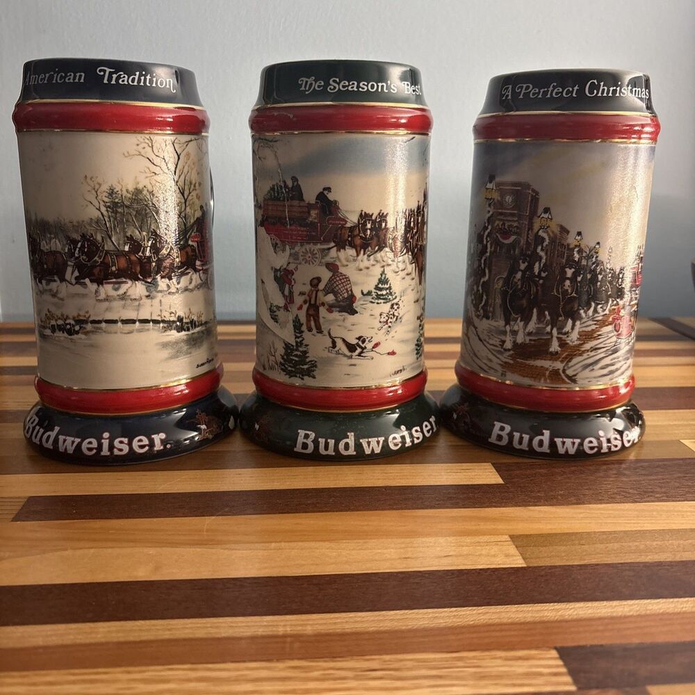 LOT (3) 1990 1991 1992  ANHEUSER BUSCH BUDWEISER HOLIDAY CHRISTMAS BEER STEINS